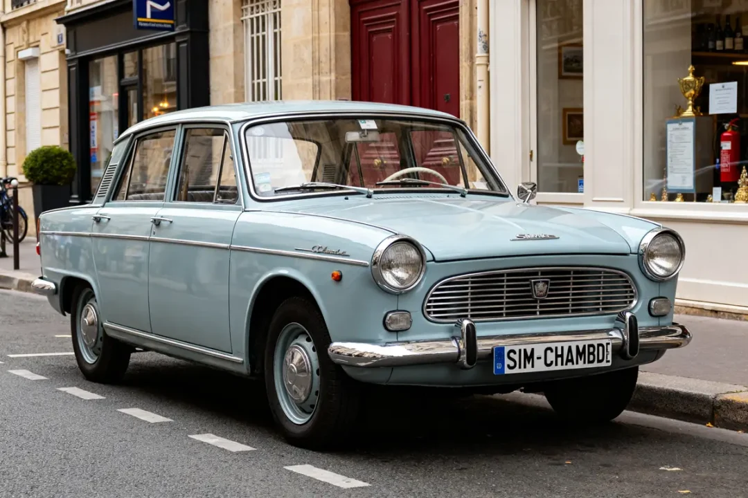Voiture ancienne Simca Chambord bleue stationnée devant une boutique en ville.