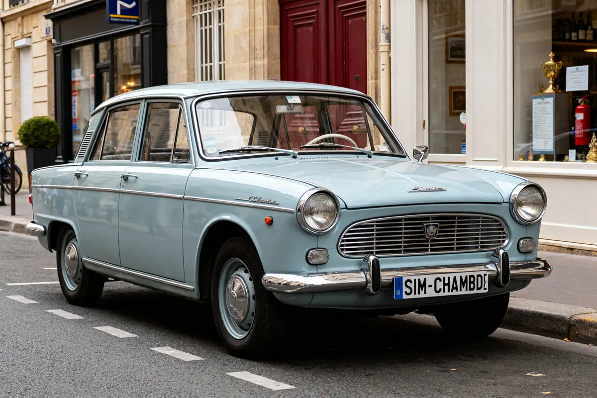 Voiture ancienne Simca Chambord bleue stationnée devant une boutique en ville.