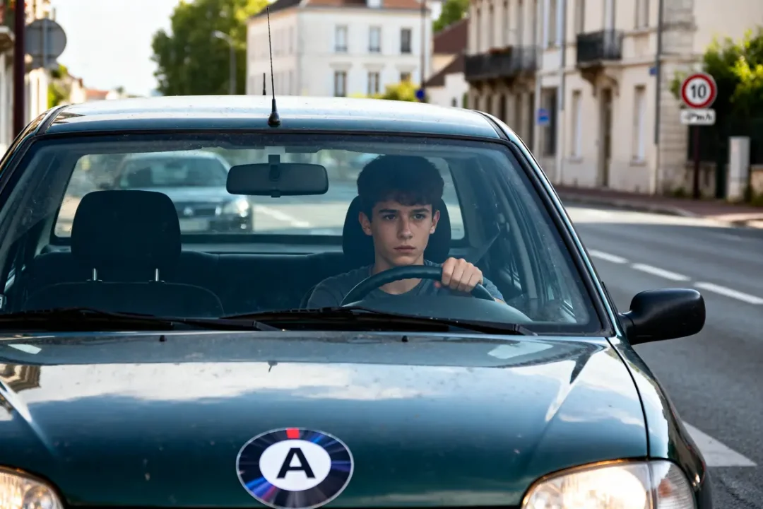 Jeune conducteur concentré respectant la limitation de vitesse en ville avec voiture signalée A