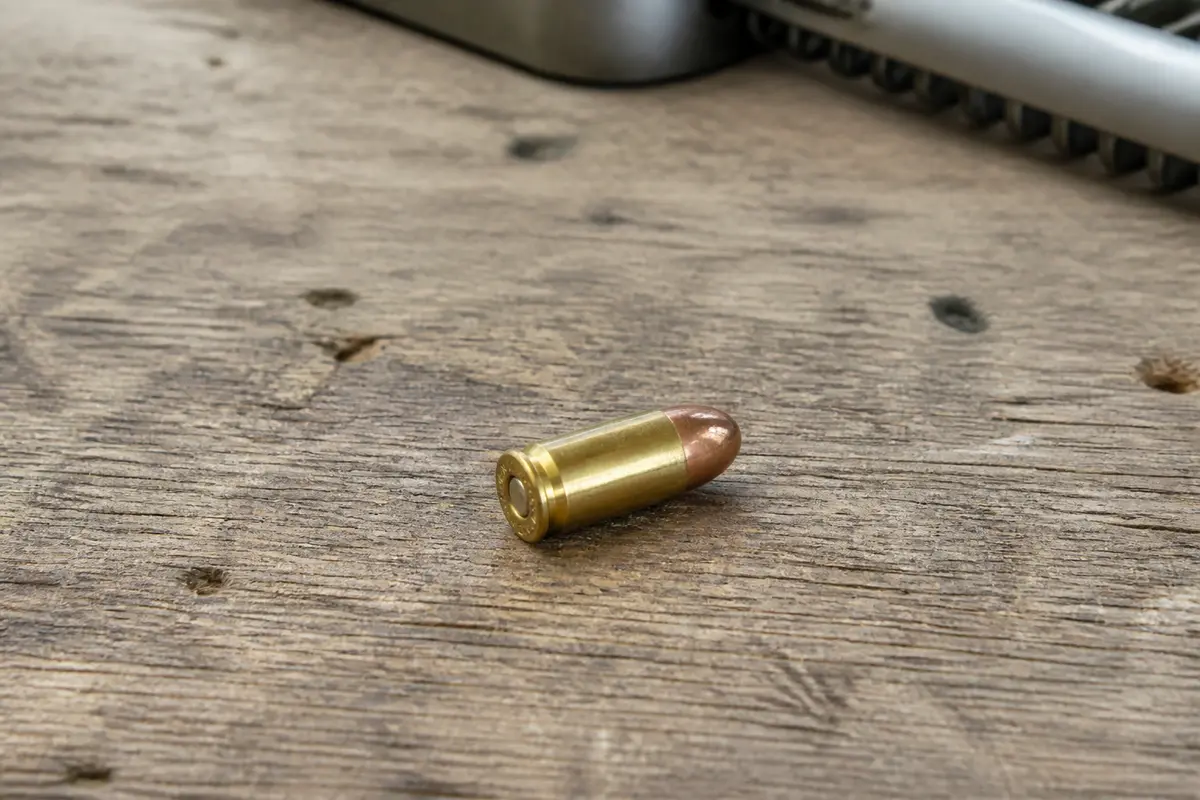 Cartouche de munition de calibre 9 millimètres sur table en bois usée