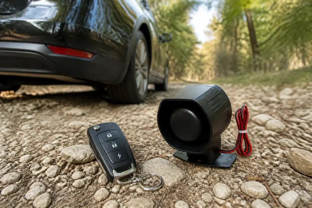 Clé télécommande et sirène d'alarme de voiture sur chemin gravillonné en forêt