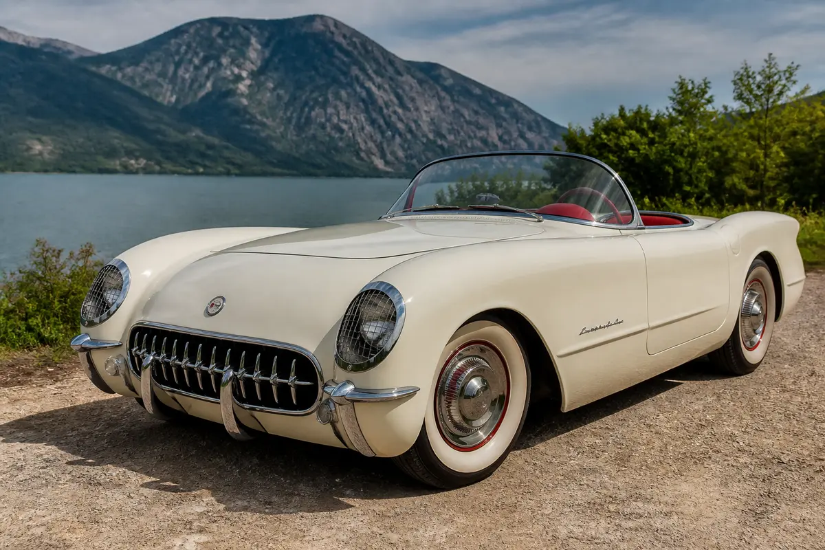 Chevrolet Corvette C1 blanc décapotable au bord d'un lac avec montagnes en arrière-plan.