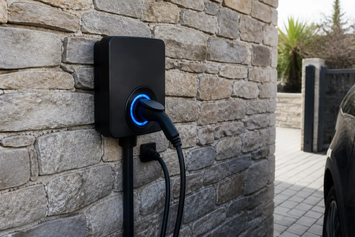 Borne de recharge murale connectée eProWallbox Move pour voiture électrique en extérieur.
