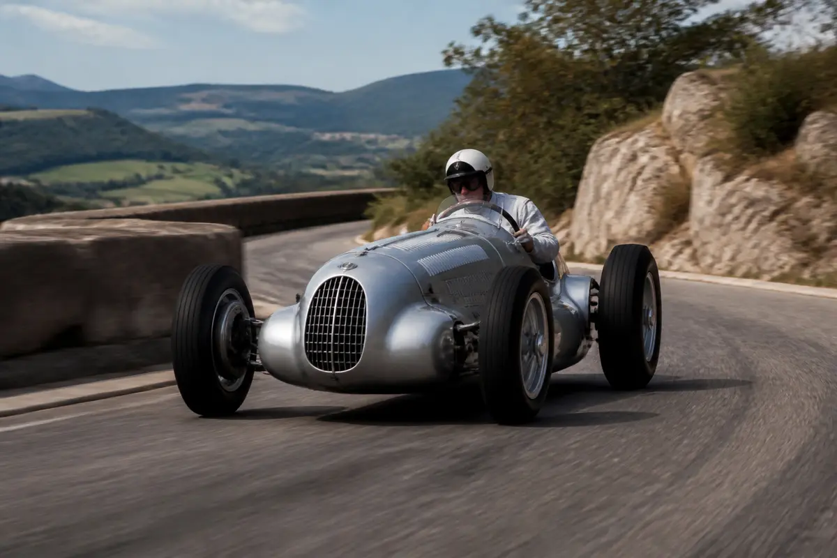 Pilote en voiture de course classique sur une route sinueuse, fim de voiture vintage