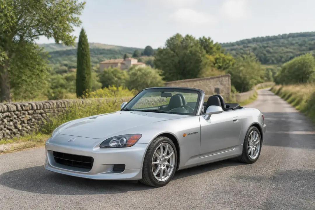 Honda S2000 convertible argent sur route de campagne pittoresque en plein soleil
