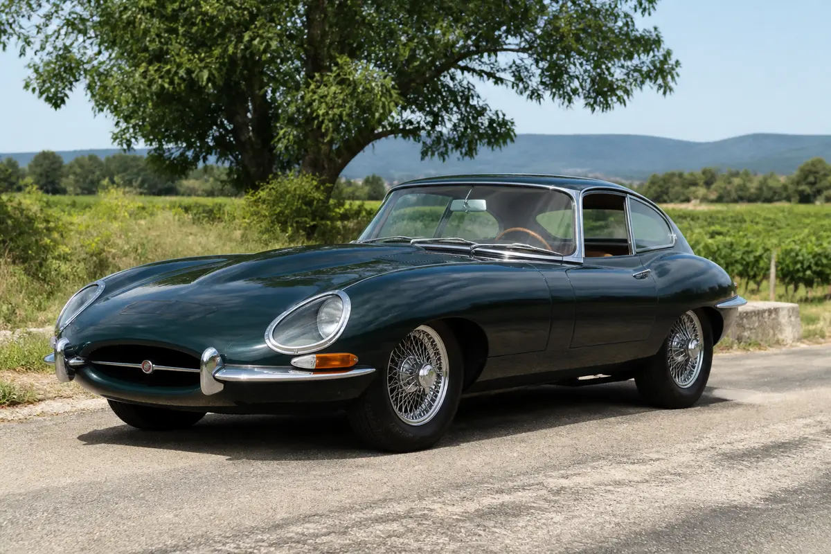 Voiture de sport classique verte Jaguar XK type E stationnée sur route campagnarde.