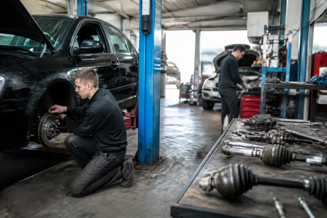 Mécaniciens au travail dans un garage de JM Auto à Firminy avec voitures en réparation