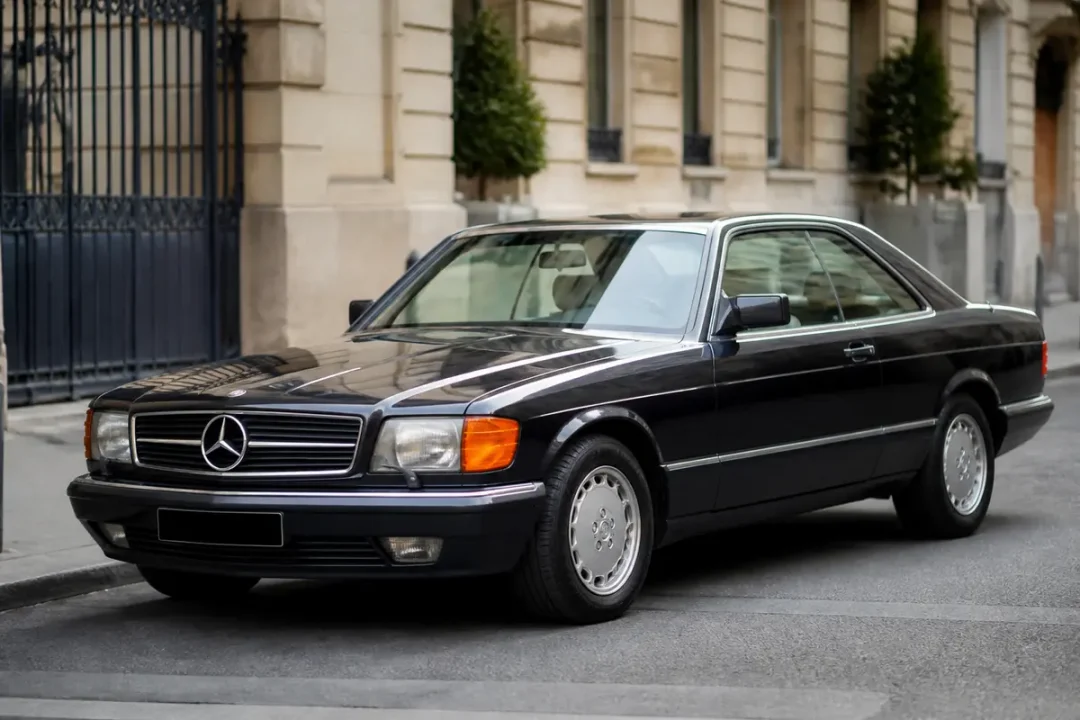 Voiture classique Mercedes-Benz SEC C126 noire garée devant un bâtiment élégant