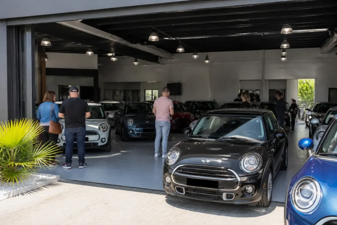 Concession vendant des voitures Mini dans un showroom éclairé à Mini Store Beach Sellens