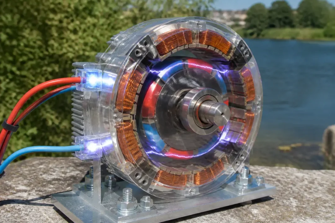 Moteur électromagnétique transparent avec composants lumineux installé en plein air près d'un lac