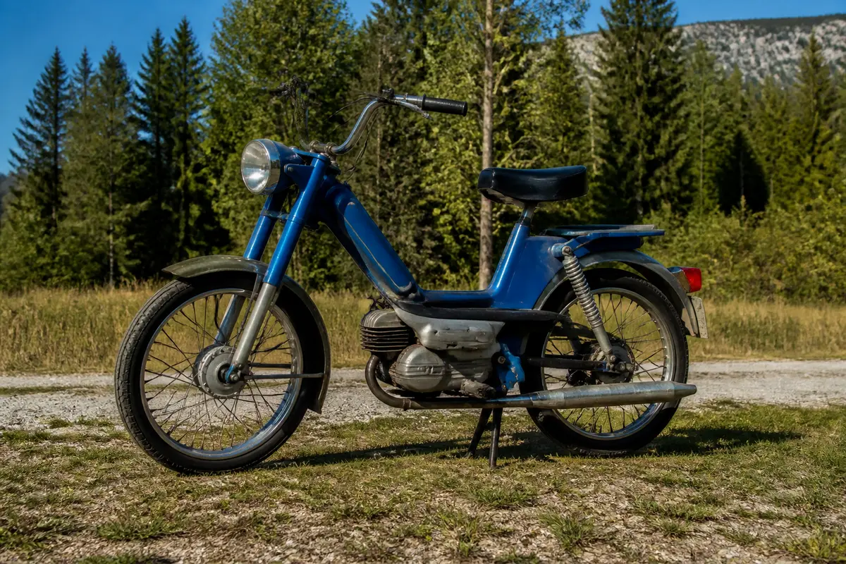 Vélo bleu Motobécane ancien garé dans un paysage forestier ensoleillé