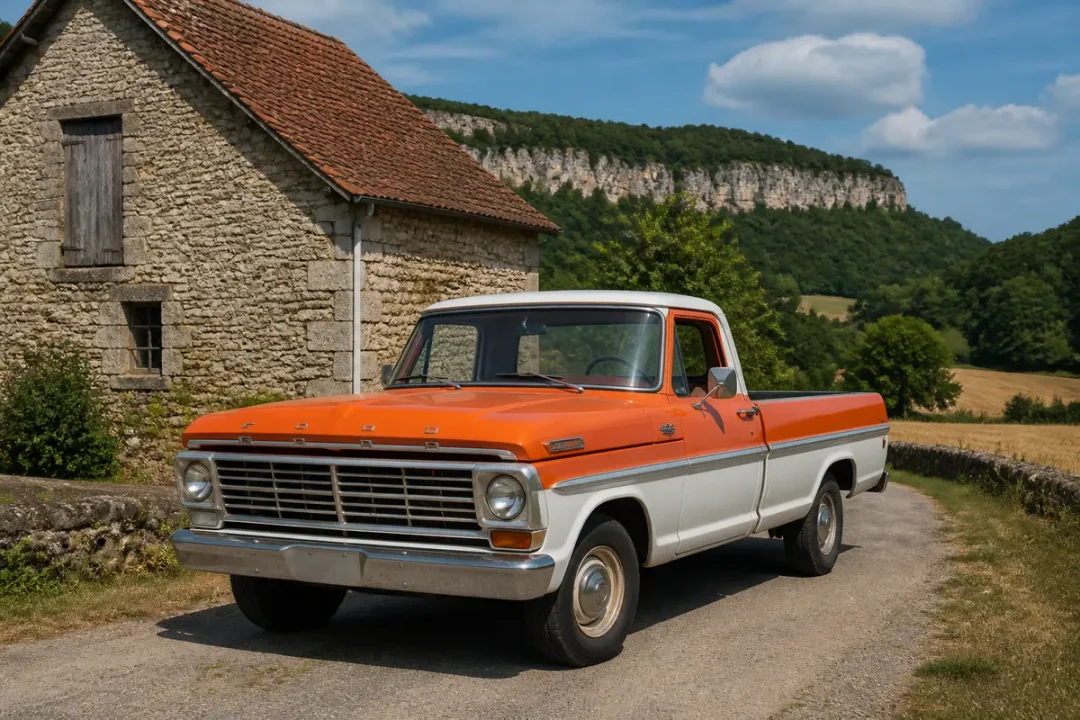 Pickup Ford F100 classique orange et blanc devant un bâtiment en pierre rustique