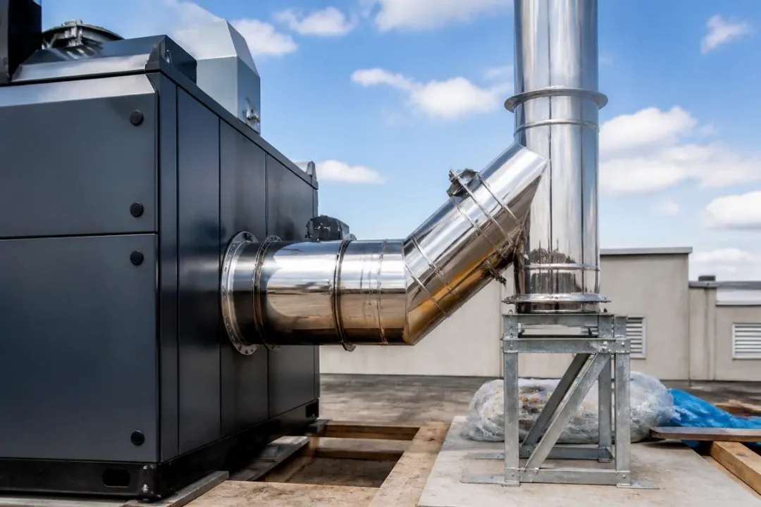 Système industriel avec tuyau de raccordement ZAG pour évacuation extérieure sur toit plat