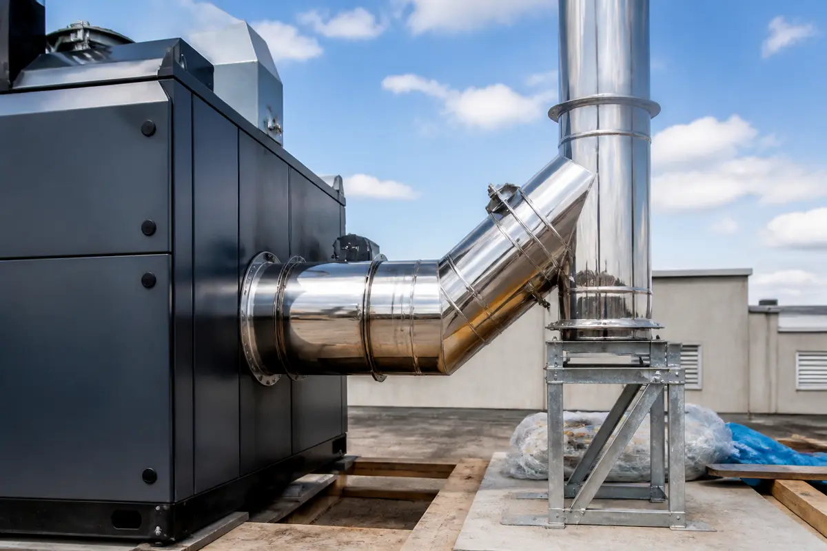 Système industriel avec tuyau de raccordement ZAG pour évacuation extérieure sur toit plat