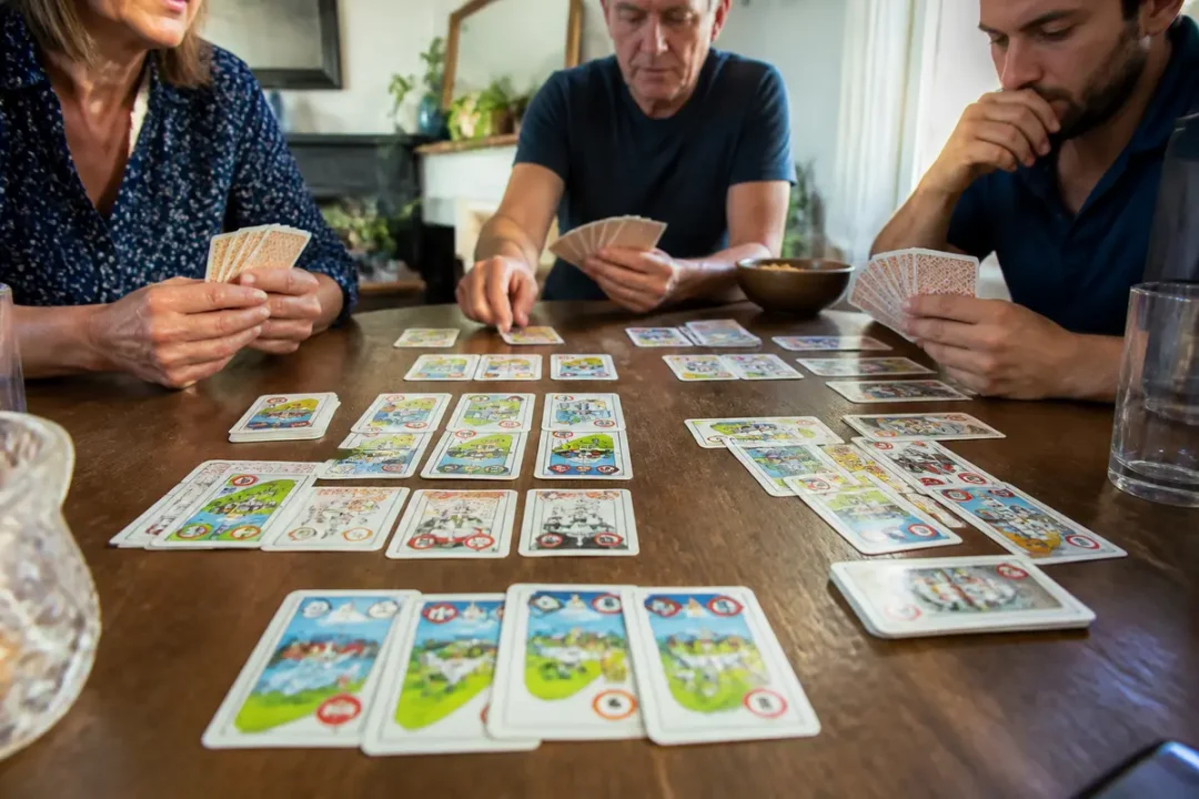 Personnes jouant aux cartes avec la règle du jeu des 1000 bornes sur table