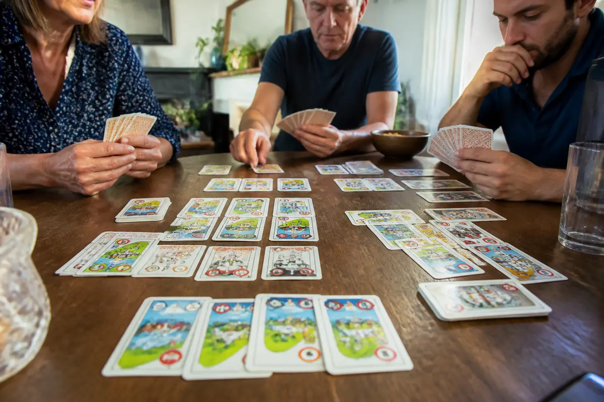 Personnes jouant aux cartes avec la règle du jeu des 1000 bornes sur table