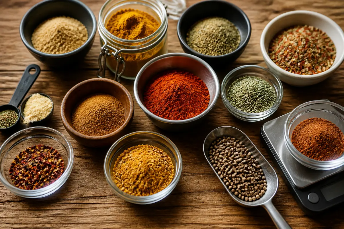 Assortiment coloré d'épices variées avec balance pour peser les épices en grammes