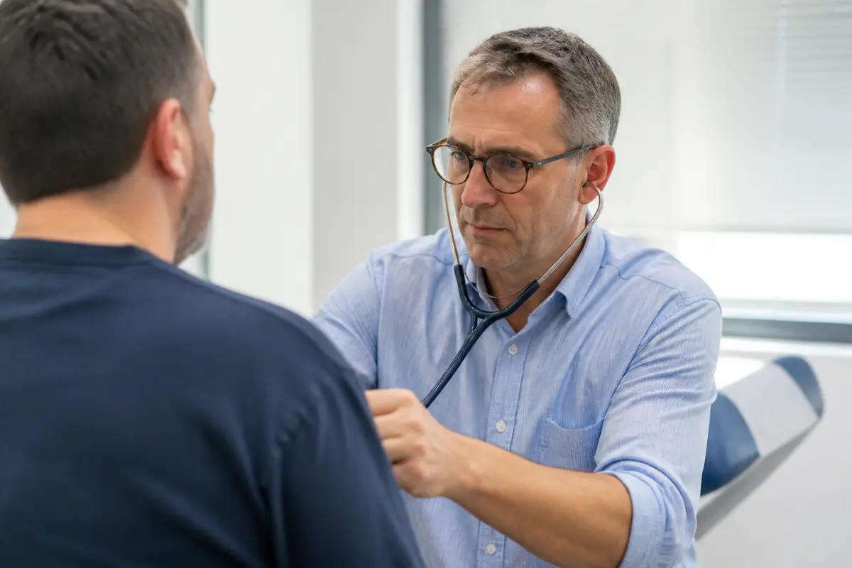 Un médecin ausculte un patient lors d'une visite médicale pour poids lourd.
