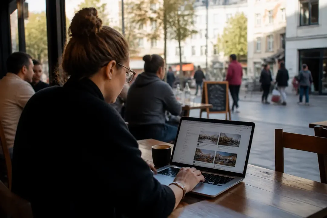Personne travaillant sur un ordinateur portable dans un café regardant annonces de www.annonces.com Tours