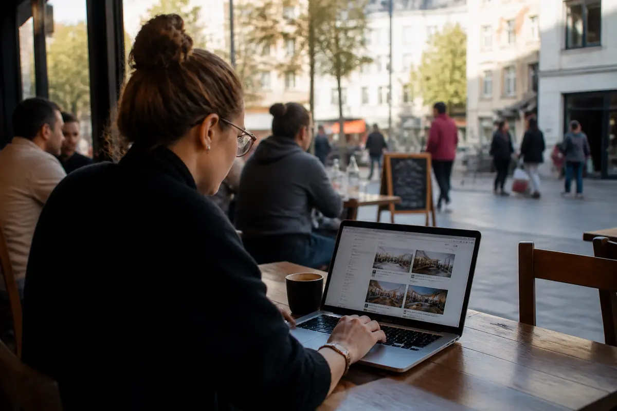 Personne travaillant sur un ordinateur portable dans un café regardant annonces de www.annonces.com Tours
