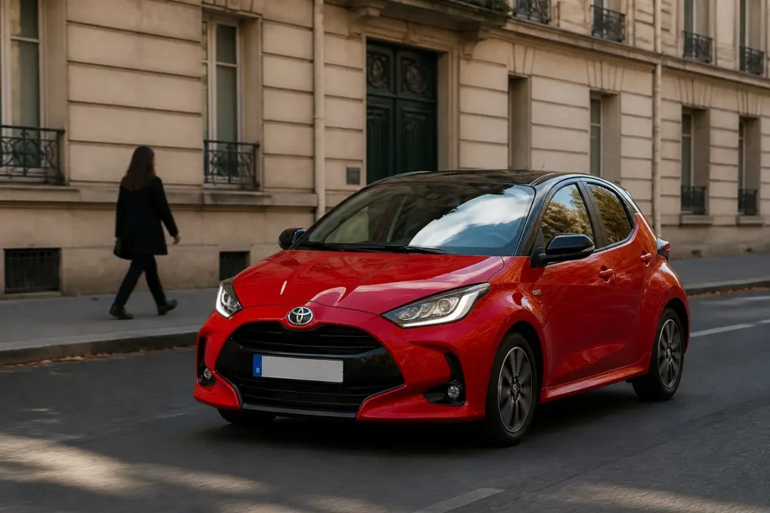 Voiture rouge dans rue parisienne, modèle Yaris hybride d'occasion en mouvement