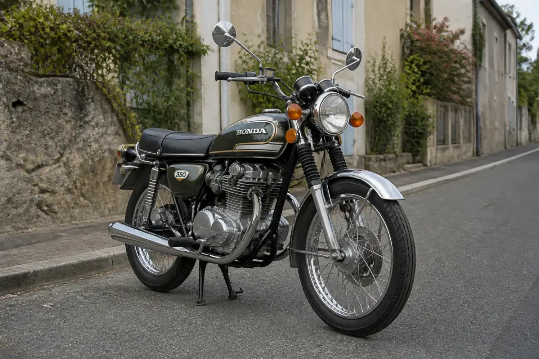 Moto classique honda cb350k garée dans une rue ancienne avec bâtiments historiques adjacents