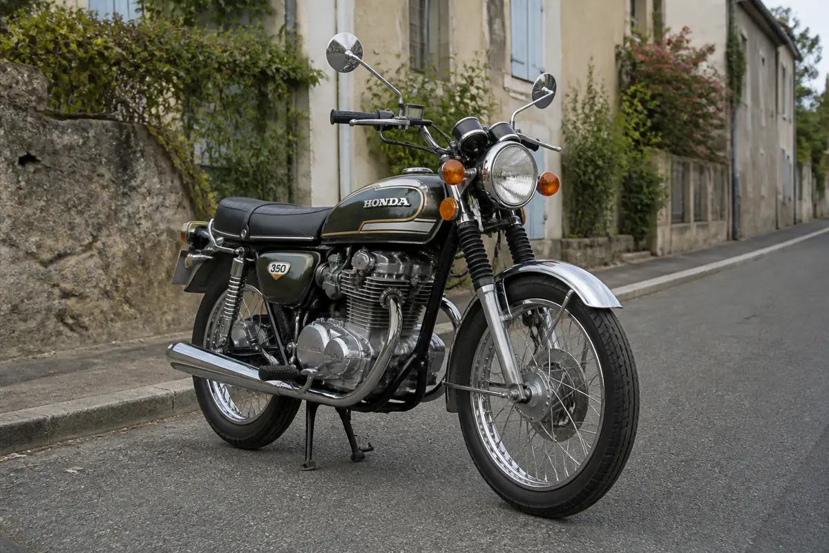 Moto classique honda cb350k garée dans une rue ancienne avec bâtiments historiques adjacents