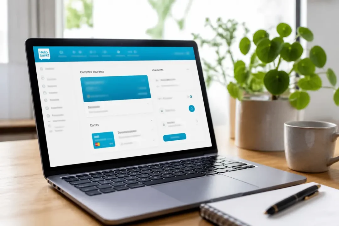 Ordinateur affichant interface de gestion des comptes Hello bank avec numéro client visible.