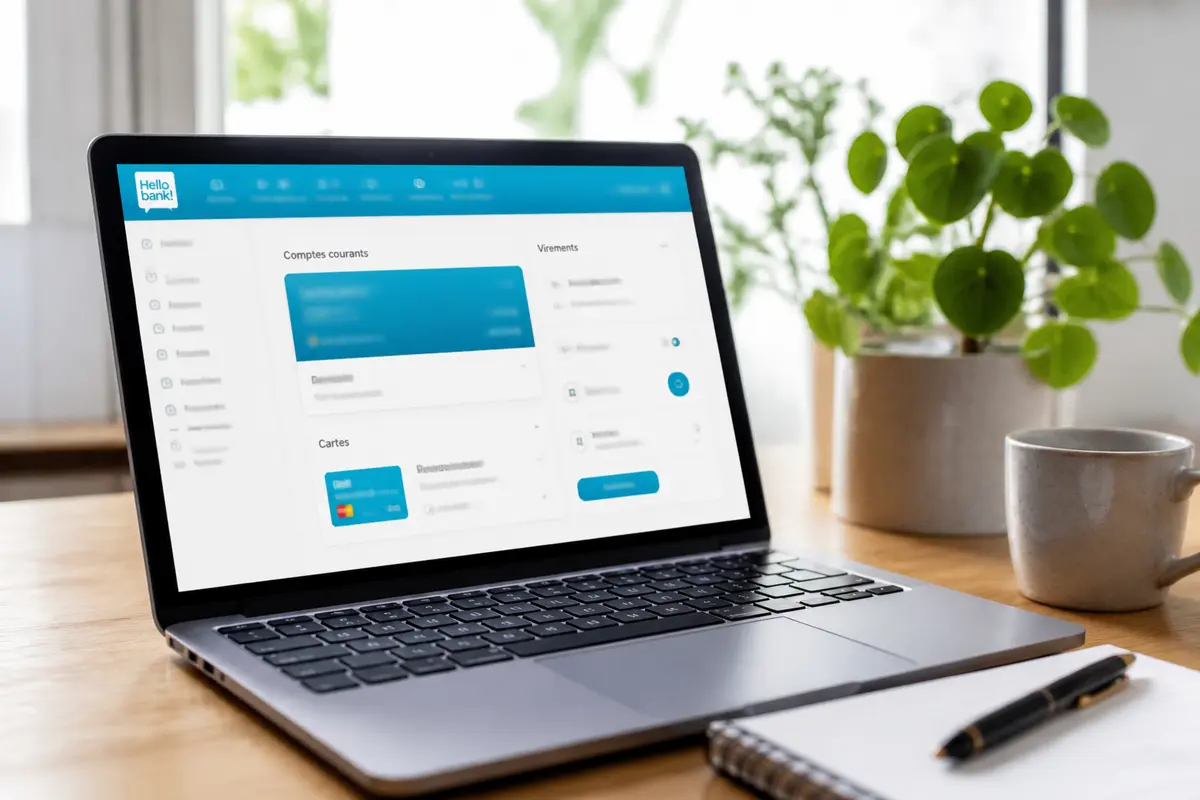 Ordinateur affichant interface de gestion des comptes Hello bank avec numéro client visible.