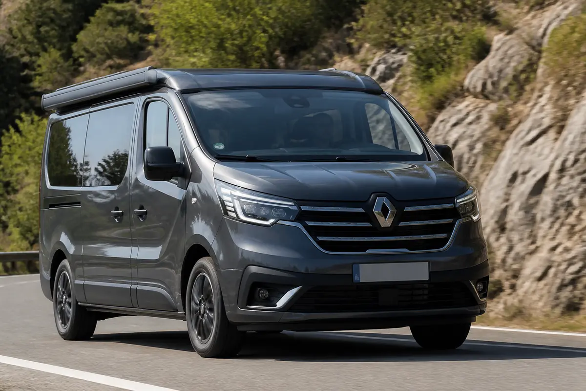Renault Trafic aménagé gris circulant sur route sinueuse en montagne