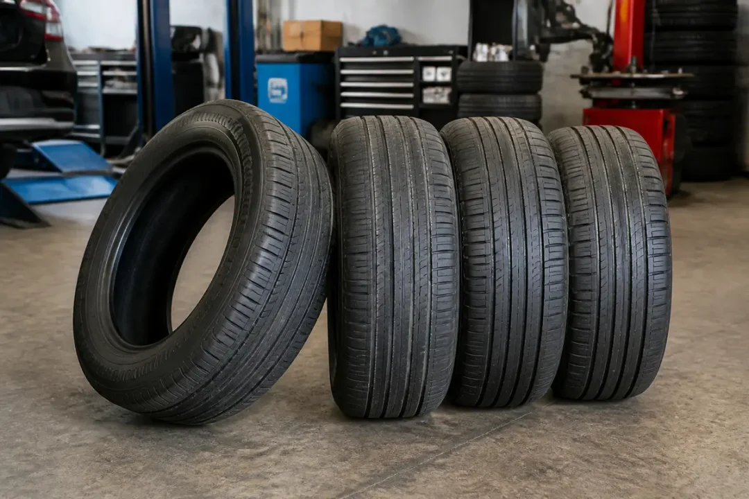 Quatre pneus alignés dans un atelier automobile chaquevolantcompte.fr pneus en arrière-plan.