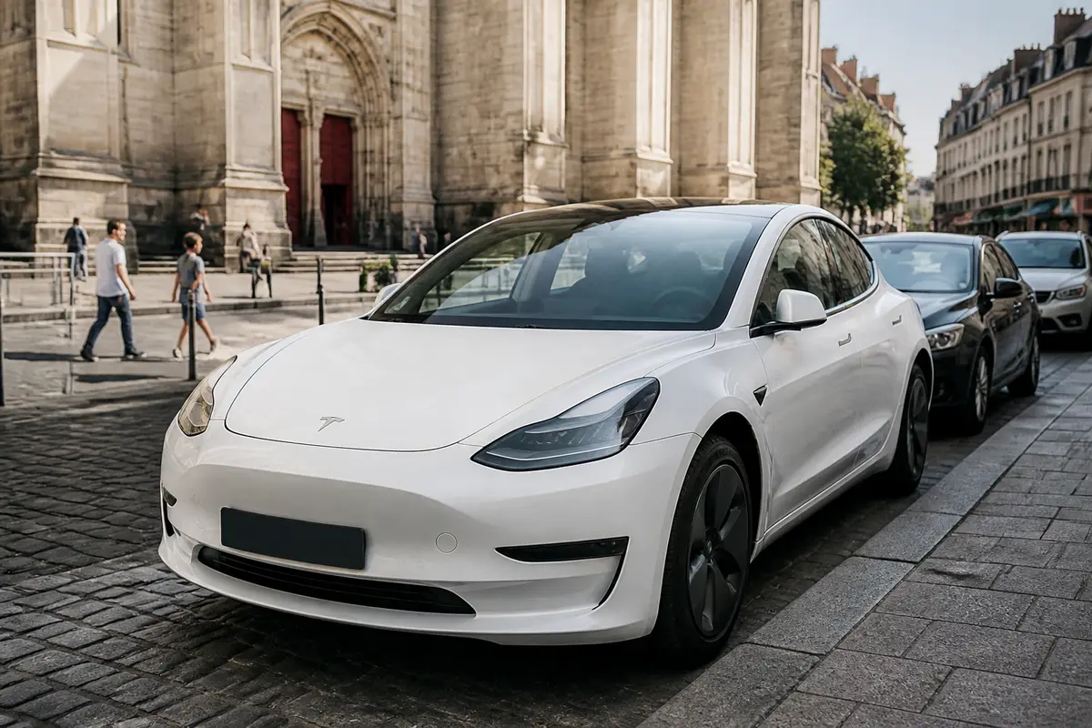 Tesla blanche garée devant la cathédrale à Nantes pour jerouleentesla.fr