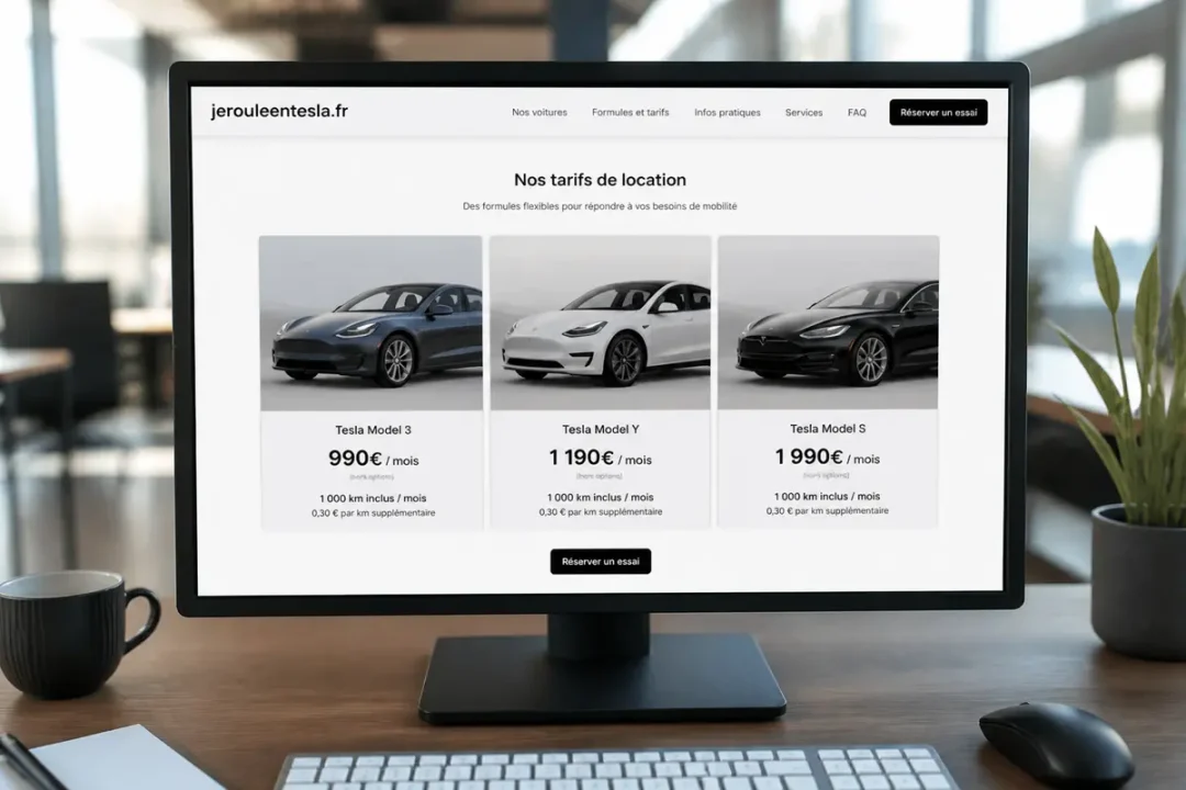 Page web affichant les tarifs de location de Tesla sur jerouleentesla.fr prix compétitif