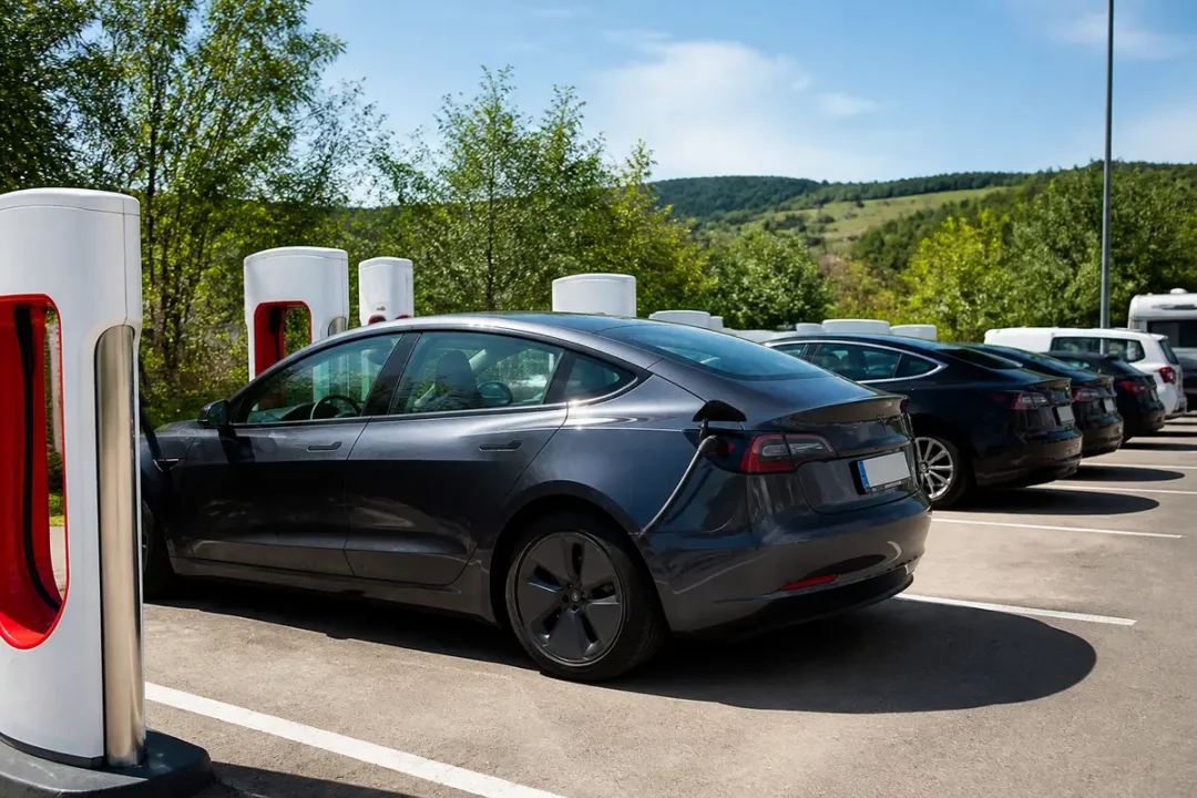 Tesla en charge au superchargeur en plein air, informations sur tarifs disponibles sur jerouleentesla.fr