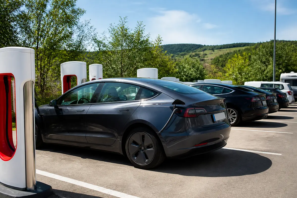 Tesla en charge au superchargeur en plein air, informations sur tarifs disponibles sur jerouleentesla.fr
