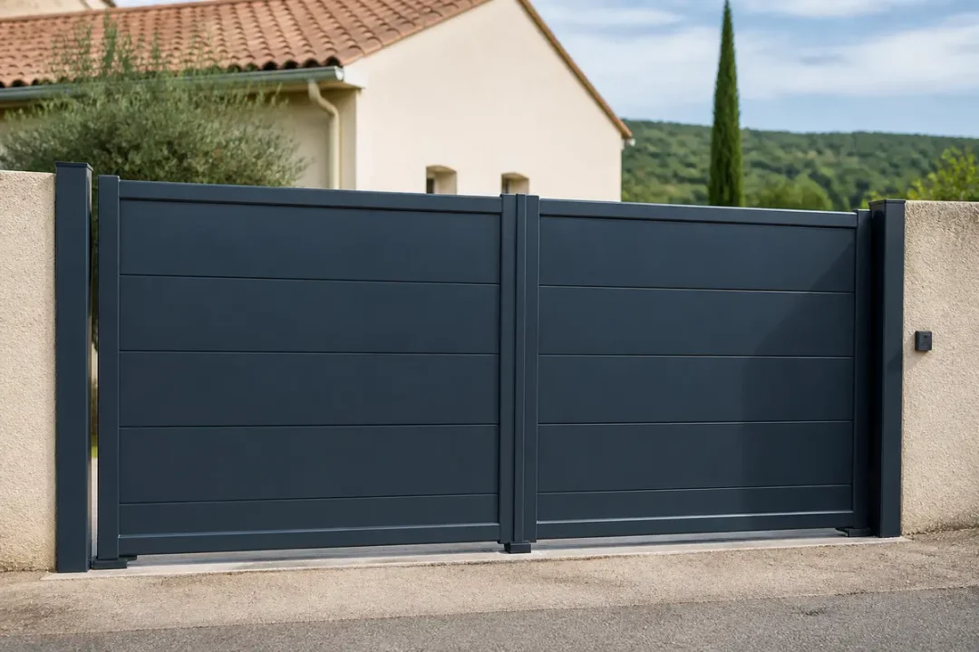 Portail moderne gris devant maison, recommandé sur le site officiel de pifauto.com